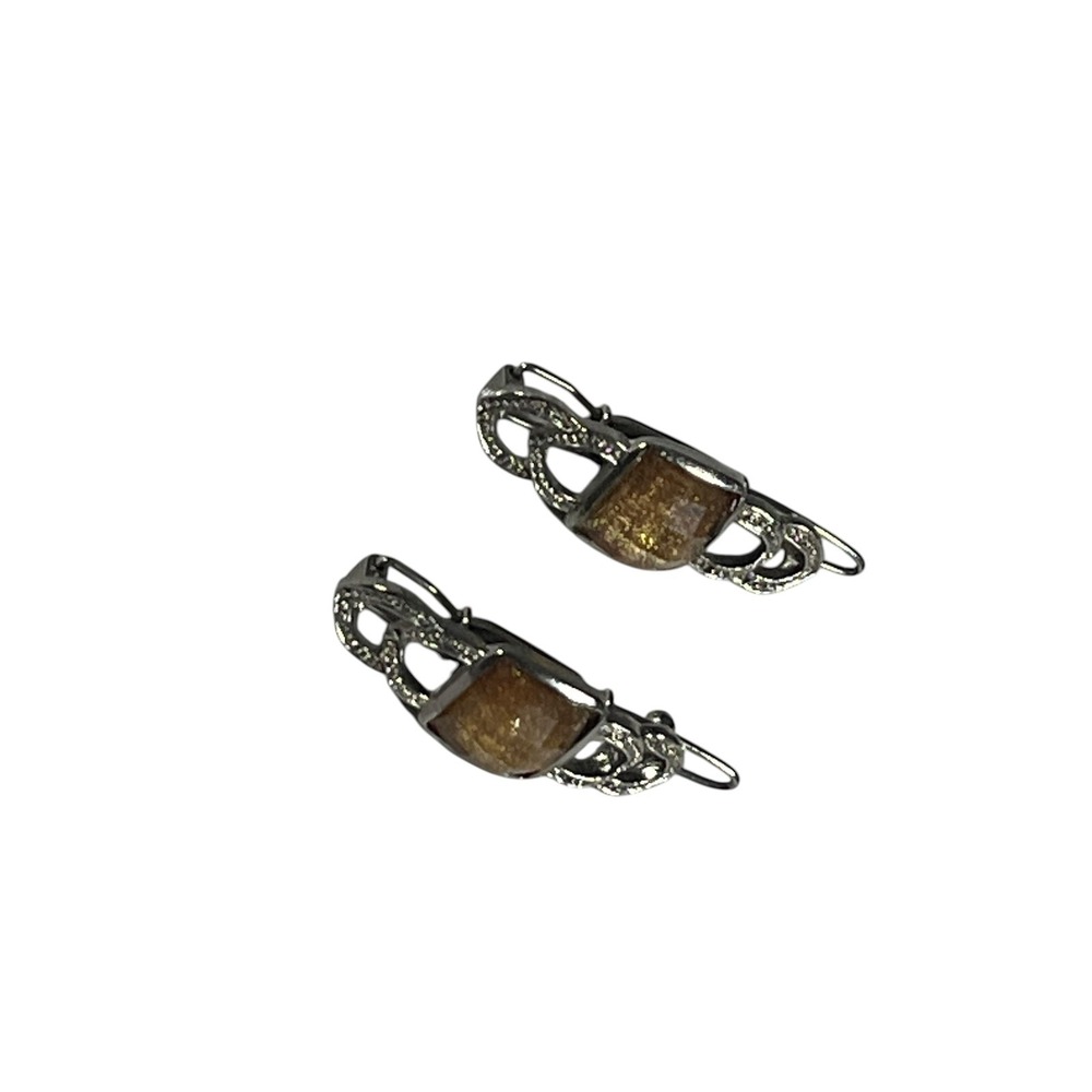 Vintage Art Deco Goldstone Amber Glass Shoe Clips - Set of 2 - Silver Tone